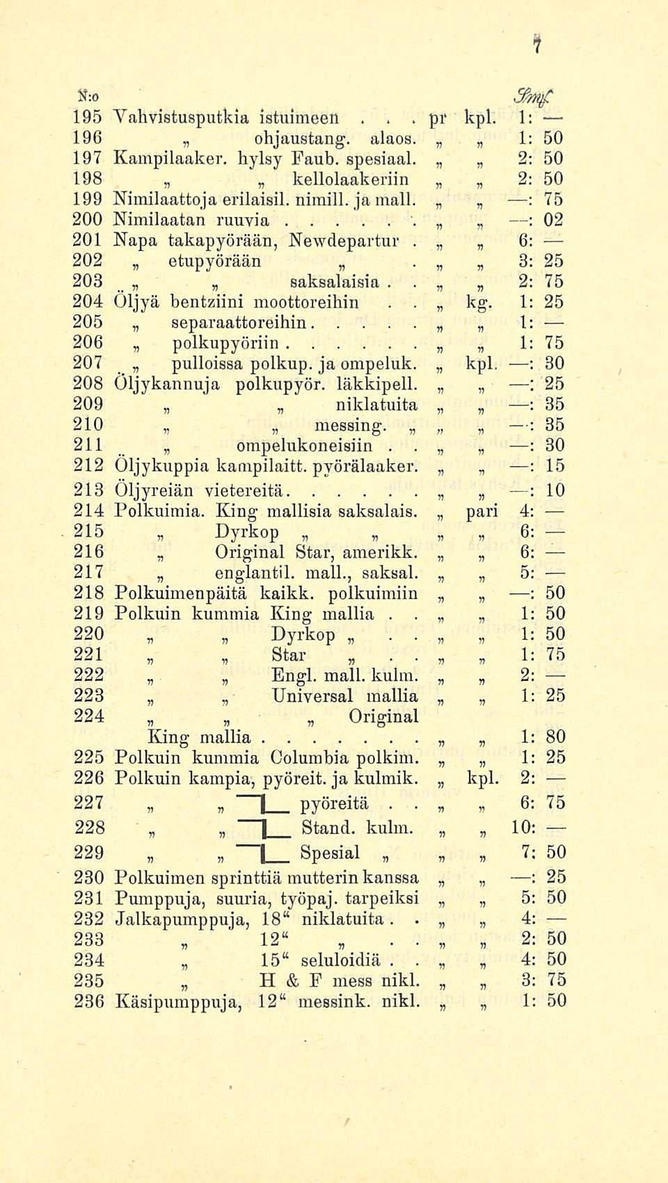 pr N0 195 Yahvistusputkia istuimeen kpl 1 196 ohjaustang alaos 1 197 Kampilaaker hylsy Faub spesiaal 2; 198 kellolaakeriin 2 199 Nimilaattoja erilaisil nimill jamall, 75 200 Nimilaatan ruuvia 02 201