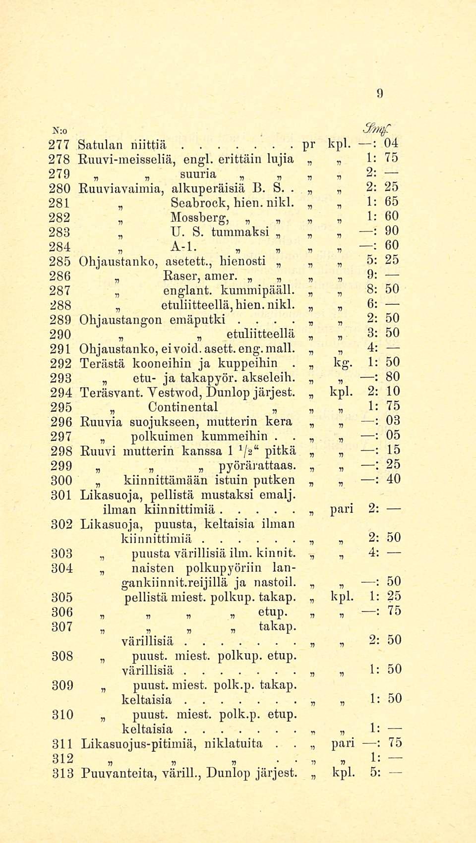 N;o 277 Satulan niittiä pr kpl 04 278 Euuvimeisseliä, engl erittäin lujia 1 75 279 suuria 2 280 Ruuviavaimia, alkuperäisiä S 2 25 281 Seabrook, hien nikl 1 65 282 Mossberg, 1 60» 288 U S tummaksi 90
