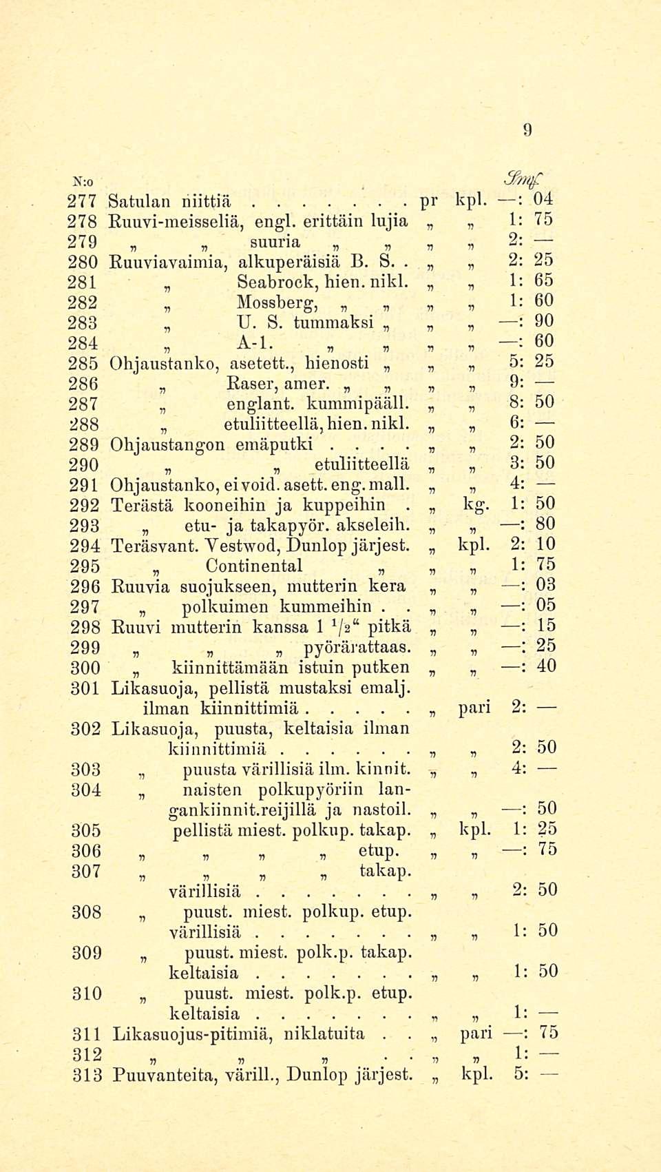 N;o 277 Satulan niittiä pr kpl 04 278 Euuvimeisseliä, engl erittäin lujia 1 75 279 suuria 2 280 Ruuviavaimia, alkuperäisiä S 2 25 281 Seabrook, hien nikl 1 65 282 Mossberg, 1 60» 288 U S tummaksi 90