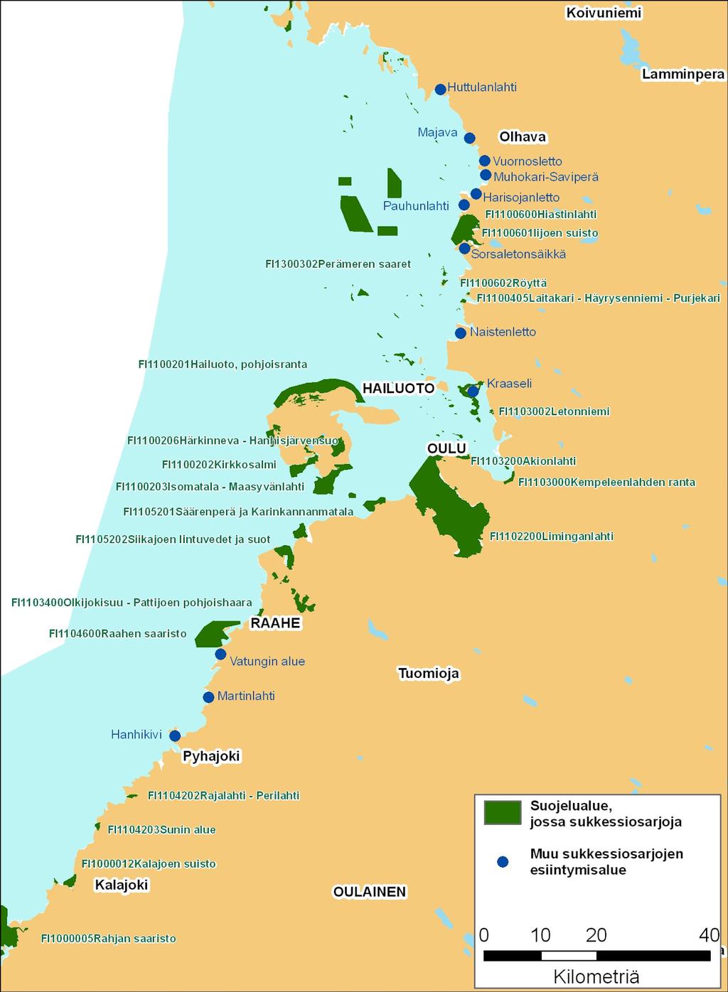 Alueet, joissa esiintyy rannikon primäärisukkessiovaiheen metsien kehityssarjoja tai osia kehityssarjoista.
