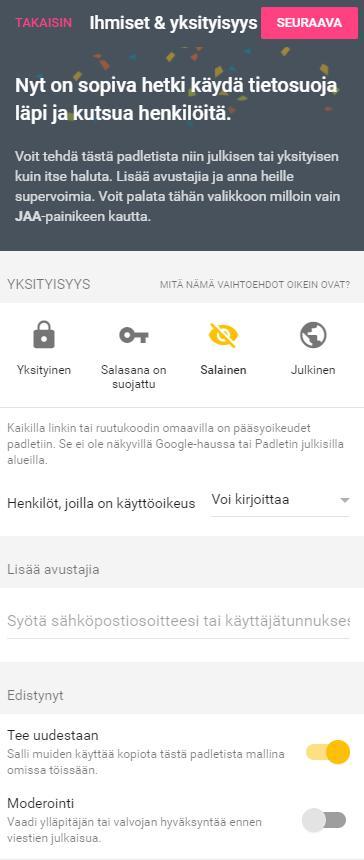 Viestiseinän muokkaaminen Ihmiset ja yksityisyys: Hallinnoi viestiseinän julkisuutta ja mahdollisuus valita esim.