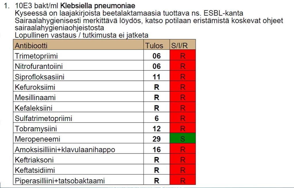 7-vuotiaan tytön virtsan klebsiella. Anamneesissa ei ole erityistä syytä tällaiseen resistenssiin Dia R.