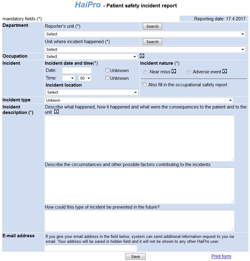 Reporting form for patient safety incidents in the Finnish Reporting System for Safety