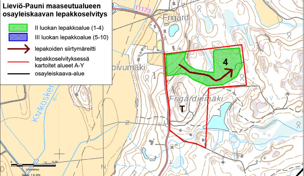 Kartta 12. II luokan lepakkoalue nro 4 osa-alueella T. 5.2.3 III luokan lepakkoalueet Tähän luokkaan kuuluvat alueet ovat lepakoiden käyttämiä, mutta laji- ja/tai yksilömäärä on pienempi kuin II-luokan alueilla.