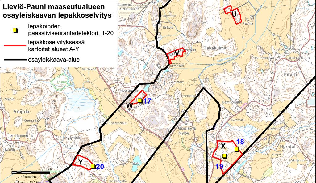 Kartta 4. Passiiviseurantadetektoreiden sijainnit selvitysalueella. 5. TULOKSET 5.