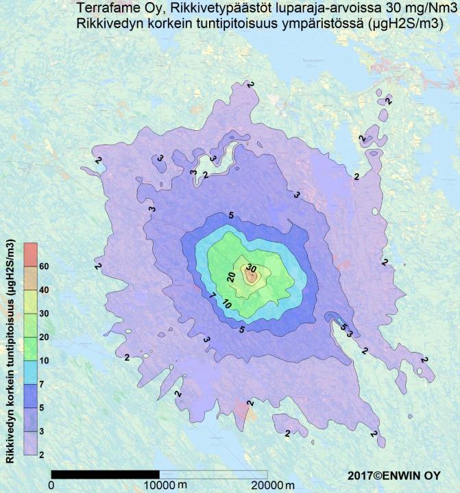 ILMAPÄÄSTÖJEN (RIKKIVEDYN JA RIKKIDIOKSIDIN) MALLINNUS Mallinnettu rikkivedyn leviämistä (haju) ja rikkidioksidin leviämistä (VE0+ ja VE1a) Laitosalueen rikkivetypäästöjen ollessa ympäristöluvan