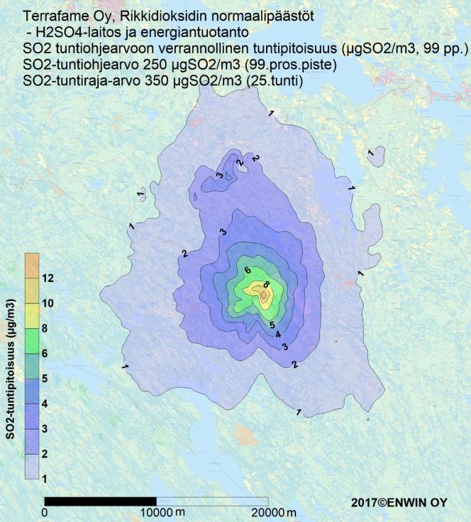 ILMAPÄÄSTÖJEN (RIKKIVEDYN JA RIKKIDIOKSIDIN) MALLINNUS Mallinnettu rikkivedyn rikkidioksidin leviämistä Rikkihappotehtaan (VE1b, VE1c) prosessista pois johdettava kaasu pestään kaksivaiheisesti ennen