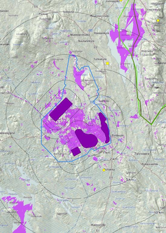 MAISEMASELVITYS VE1a Maisemaselvityksessä tehtiin näkymäalueanalyysi sekä havainnekuvia Vaikka suunnitellut uudet liuotus- ja läjitysalueet vaikuttavat suhteellisen suureen alueeseen (yli 10 km