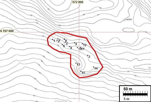 11 HAVAINNOT KARTALLA Röykkiöt havaittu tiheässä nuoressa lehtimetsässä, lounaisrinteessä Nro N E koko (m) korkeus (m) 1 6767585 572746 3,5 x 2 0,4 2 6767586 572757 2,5 x 1,5 0,3 3 6767552 572818 3 x