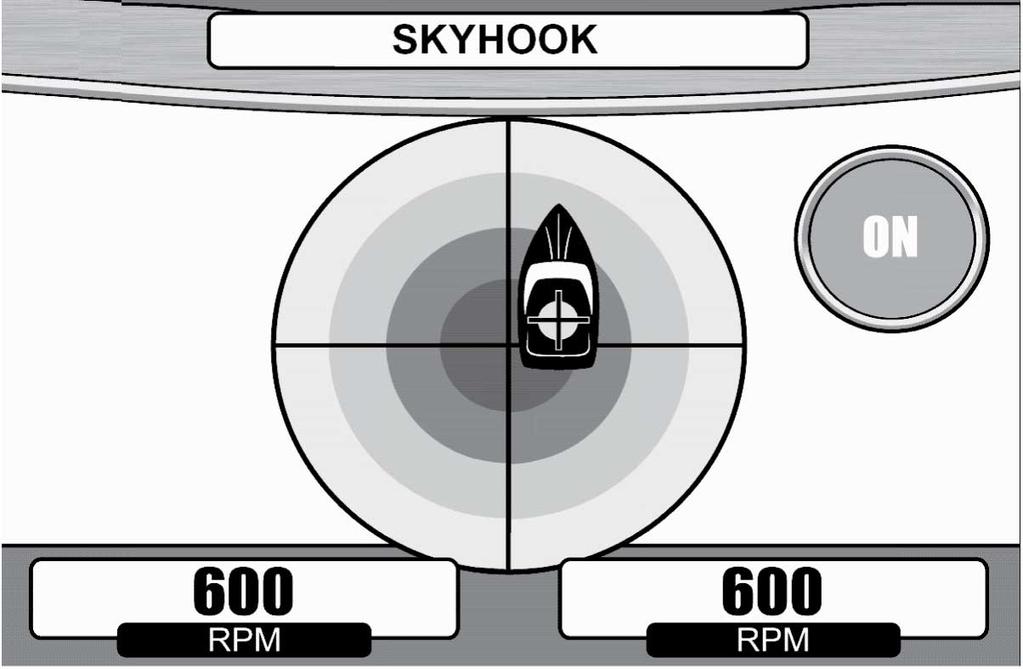 Skyhook-tilss ON-vlo syttyy, kuuluu yksi äänimerkki j näytössä näkyvät moottorin nopeus, kohde, joss on hiusristikko, sekä venekuvke. 34354 Veneen kääntymiskulm näyttää suuntpoikkemvirheen.