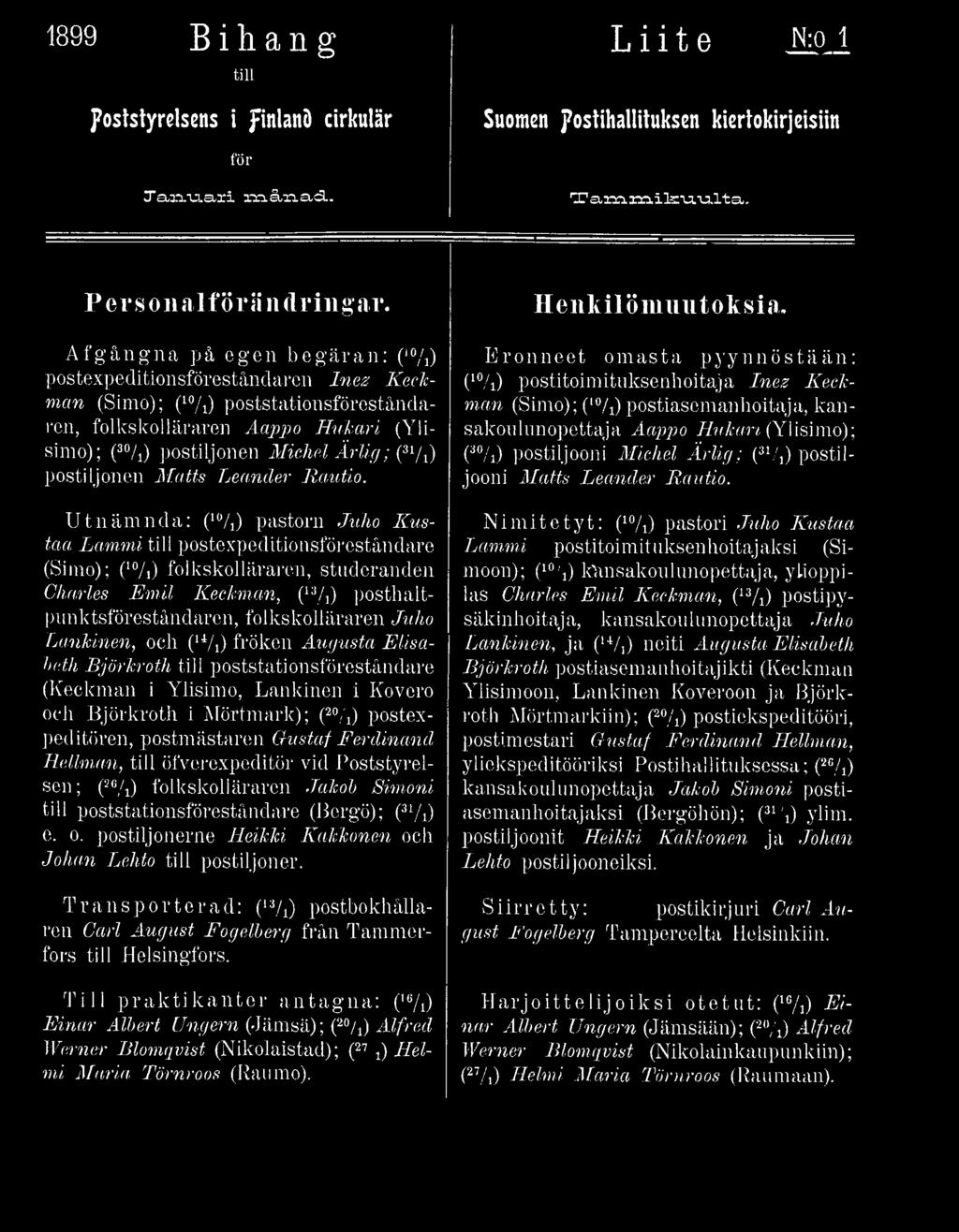 till postexpeditionsföreständare (Simo); 0% ) folkskolläraren, studeranden Charles Emil Keclcman, (13/j) posthaltpunktsföreståndaren, folkskolläraren Juho Lankinen, och (u/i) fröken Augusta Elisabeth