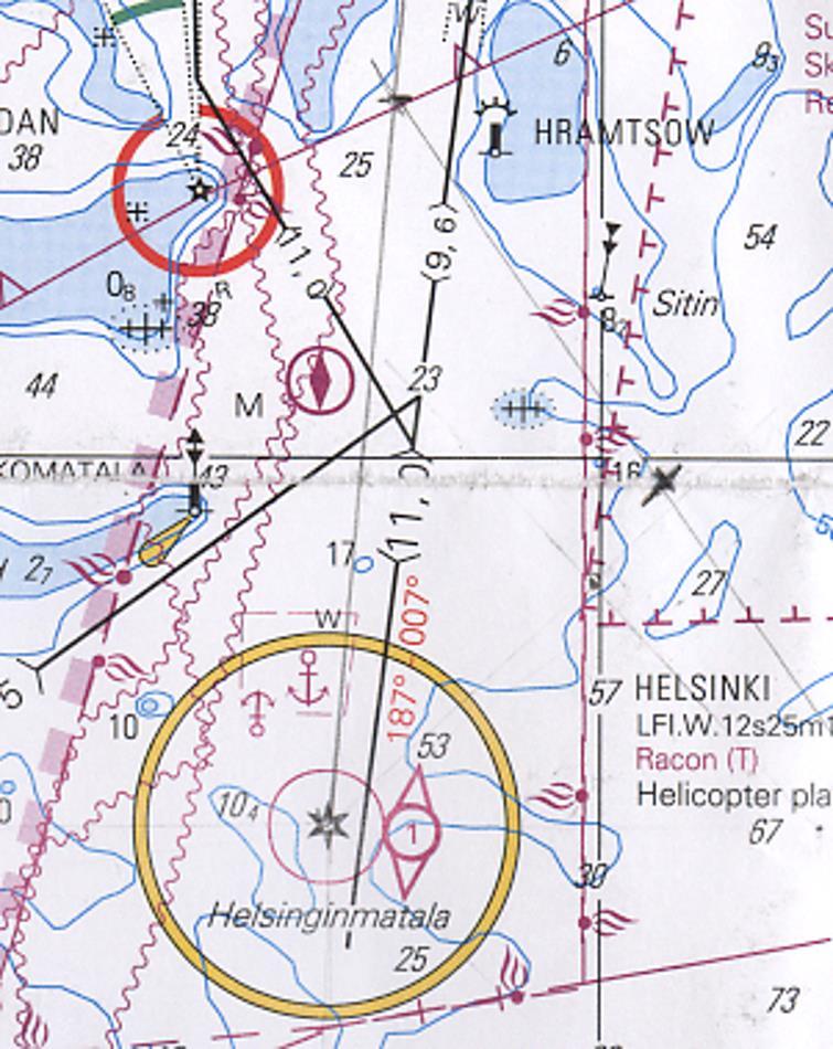 51 Kaksi suuntimaa ja kuljettu matka (siirretty sijoittaja) karttaesimerkki Karttatehtävässä kompassisuunta on 360. Helsingin majakka suunnitaan kahdesti.