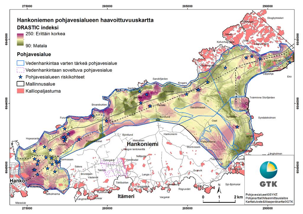 GEOLOGIAN TUTKIMUSKESKUS Tutkimusraportti 15 Kuva 5 Hankoniemen pohjavesialueiden haavoittuvuusindeksikartta ja pohjaveden riskikohteet.