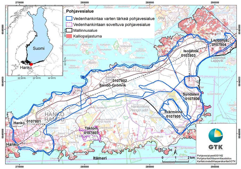 GEOLOGIAN TUTKIMUSKESKUS Tutkimusraportti 3 Kuva 1. Karttaesimerkki tutkimusalueen sijainnista Hankoniemen pohjavesialueilla. 3 LÄHTÖAINEISTOT JA TUTKIMUSMENETELMÄT 3.