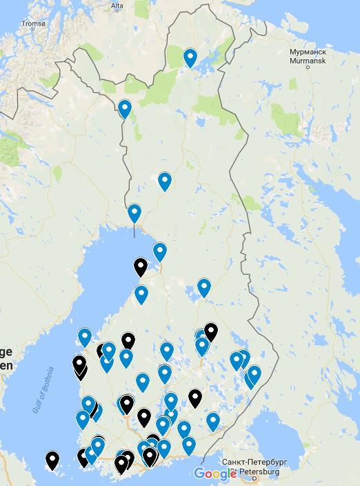 Kyselyyn tuli 55 vastausta eri puolilta Suomea. Karttaa voi tarkastella lähemmin täällä: https://tinyurl.com/sotemuseot. Kyselyyn vastanneet museot ja kokoelmat on merkitty sinisellä.