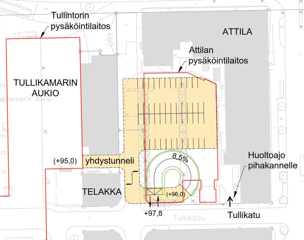 VE1, Ajoyhteys Tullikadulta Attilan tontille, ala-vaihtoehdot ja niiden vaikutukset 4/4 18 VE 1C, kierreramppi Tullikadulta Hyvää Tiivis ramppi antaa kohtuullisesti tilaa uudisrakentamisella.