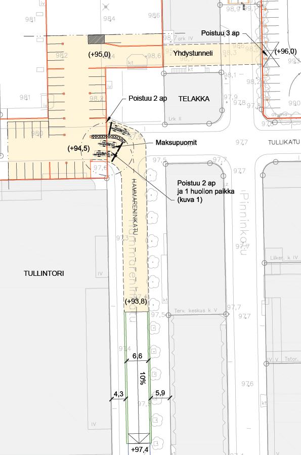 Tullintorin ja Attilan pysäköintilaitosten järjestelyt 3/6 31 VE H1b, ajoyhteys Tullintorin pysäköintilaitokseen, kolme puomilaitetta sisään/ulosajossa Tullintorin pysäköintilaitoksesta poistuu viisi