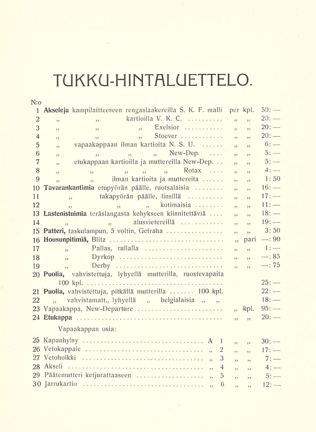 N:o TUKKU-HINTALUETTELO 1 Akseleja kampilaitteeseen renigaslaakereilla S. K. F. malli per kpl. 50: 2 3 4 5 vapaakappaan 6 7 etukappaan 8 9 kartioilla Exelsior V. K. C Stoever ilman kartioita N. S. U New-Dep (kartioilla ja muttereilla New-Dep.