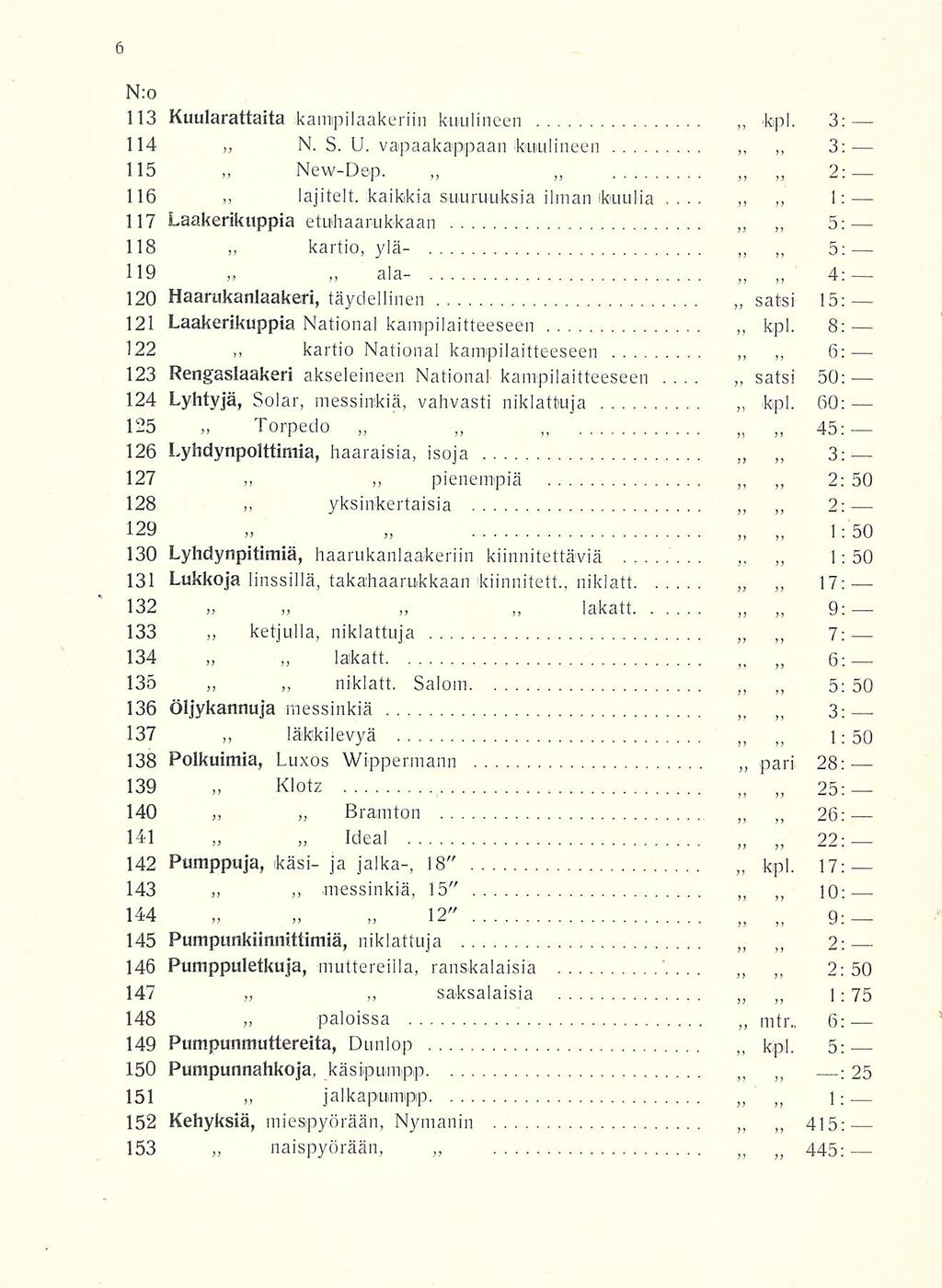 . N:o 113 Kuularattaita kampilaakeriin kaulineen kpl. 3: 114 N. S. U. vapaakappaan fcuiulineen New-Dep. 116 lajiteli kaikkia suuruuksia ilman.