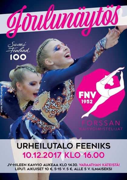 Forssan naisvoimistelijoiden Joulunäytös 10.12.2017 klo 16.00 Urheilutalo Feeniksissä. Forssan Naisvoimistelijat ry on perinteikäs voimisteluseura, jossa pääsevät liikkumaan kaikki vauvasta vaariin.
