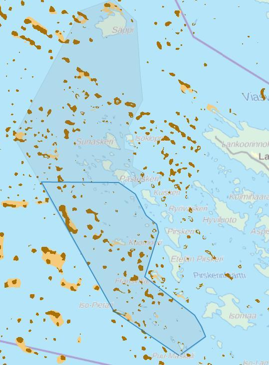 40 Kuva 6.7. Potentiaaliset riutat (vaaleanruskea) ja riuttaympäristöt (tummanruskea) Natura-alueella (harmaa alue) ja tarkastelualueella (sininen viiva) (http://paikkatieto.ymparisto.fi/velmu/ 18.
