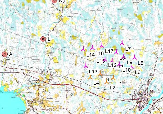 Project: Simo Description: Rajakiiri Oy DECIBEL - Main Result Calculation: Leipiö 4 x G128 x HH1 (6,7 db) + 13 x V126 x HH137 (5,9 db) Noise calculation model: ISO 9613-2 General Wind speed: 8, m/s