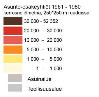 1940-1949 2 % 1950-1959 8 % 1960-1969 13 % 1960-1970 lukujen asunto-osakemuotoista kerrostalokantaa on