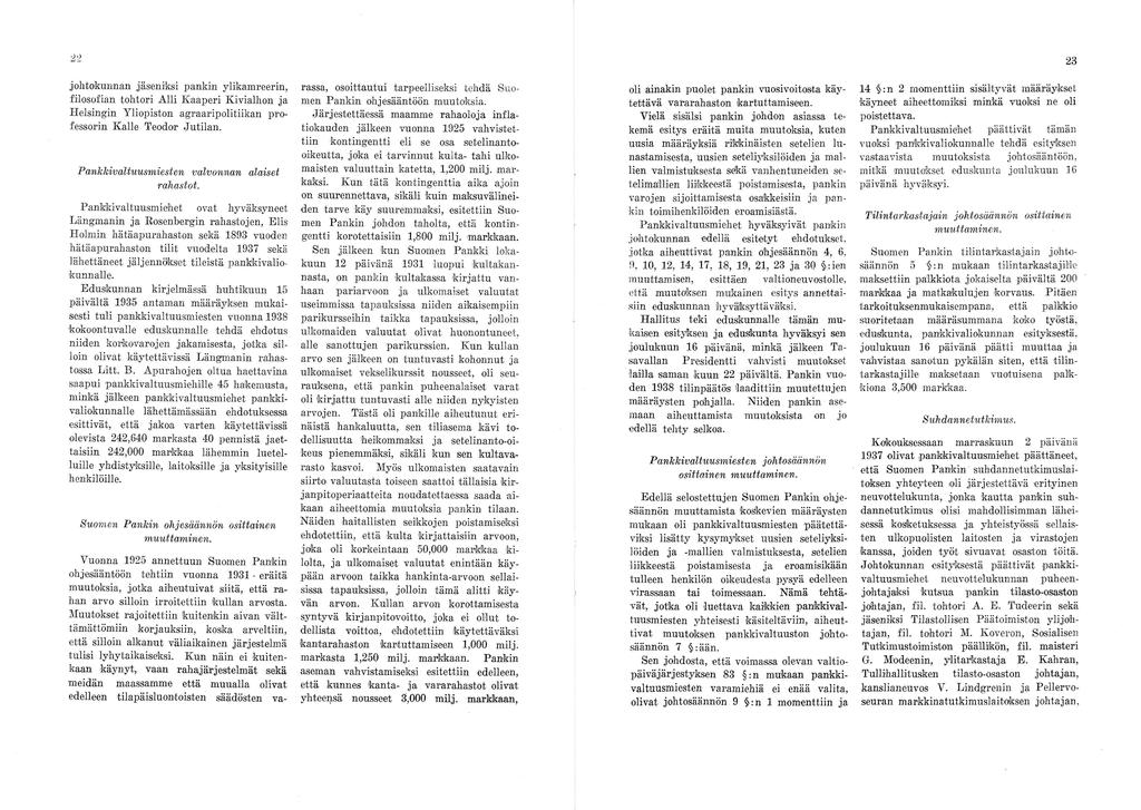 23 johtokunnan jäseniksi pankin ylikamreerin, filosofian tohtori Alli Kaaperi Kivialhon ja Helsingin Yliopiston agraaripolitiikan pro fessorin Kalle Teodor Jutilan.