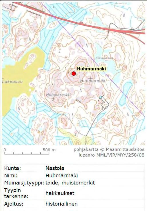 Lähin kiinteä muinaisjäännös Huhmarmäki sijaitsee itäisen hankealueen VE1 länsipuolella noin 300 metrin etäisyydellä hankealueen rajasta.