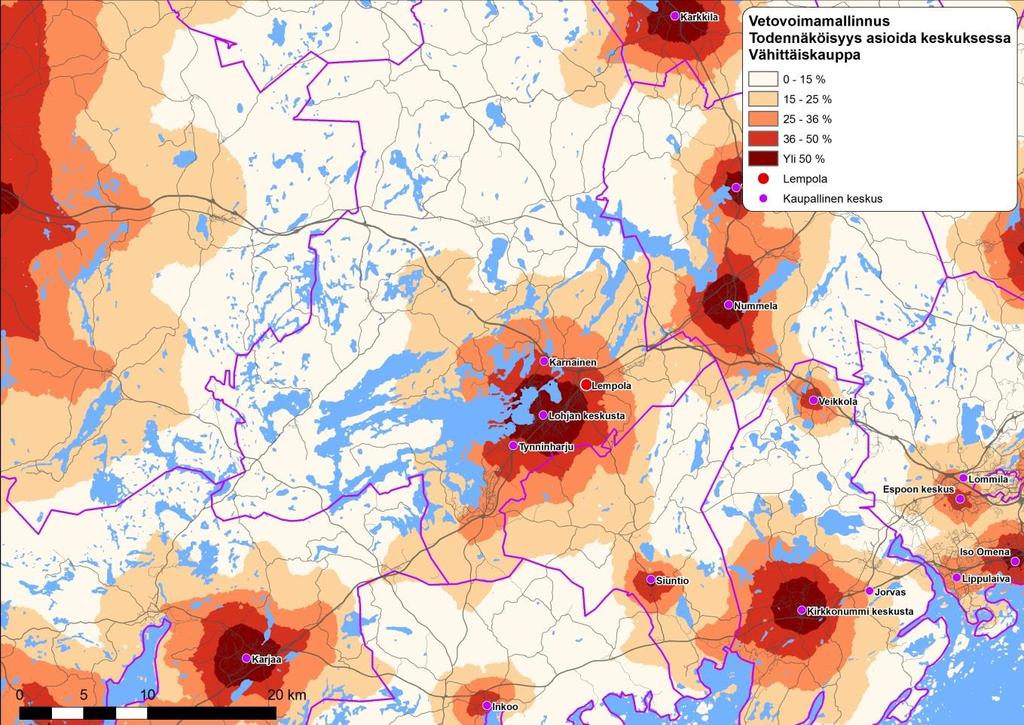 Kaupallinen selvitys 13 Kuva 10 Kaupallisten keskusten mallinnettu asiointitodennäköisyys.
