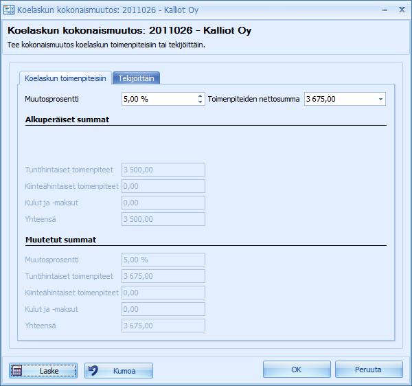 CSI Lawyer 2.5 Käyttöohje (62/145) Kun oikea muutosprosentti tai toimenpiteiden nettosumma on annettu, valitaan alhaalta vasemmalta Laske, jolloin ohjelmisto laskee koelaskulle uudet summat.