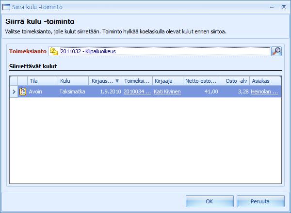 Toimenpiteet kopioituvat identtisine tietoineen toimeksiannolta toiselle muutamia kenttiä lukuunottamatta. Tuntihinnan ohjelma tarkastaa uudestaan. Tällöin myös Yhteensä-hinta saattaa muuttua.