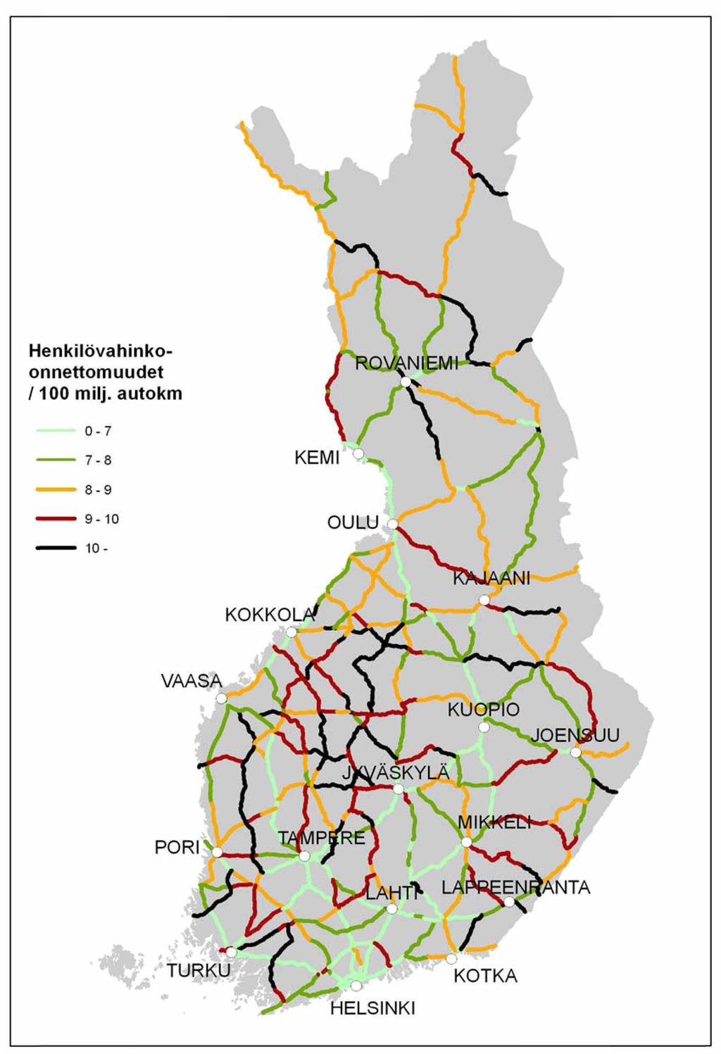 66 Kartta 2. Henkilövahinko-onnettomuuksien aste päätieverkolla, keskiarvo vuosista 2006-2010.