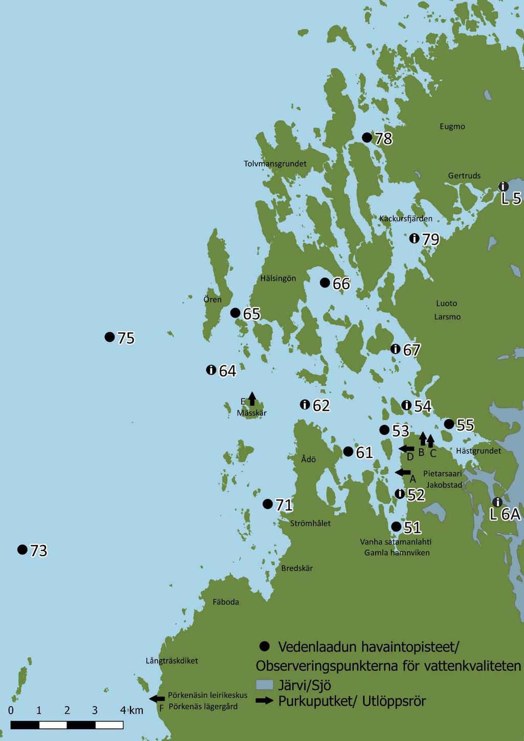 Liite 2. Pietarsaaren edustan merialue, purkupaikat ja havaintopaikat. Vedenlaadun kartoituspisteitä on merialueella yhteensä 16 kpl ja järven puolella 2 kpl. Näistä 8 on intensiiviseurannassa ( ).