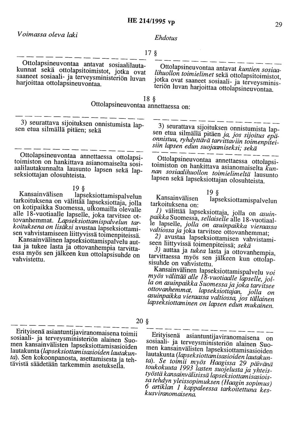 HE 214/1995 vp 29 Voimassa oleva laki Ehdotus 17 Ottolapsineuvontaa antavat sosiaalilautakunnat sekä ottolapsitoimistot, jotka ovat saaneet sosiaali- ja terveysministeriön luvan harjoittaa