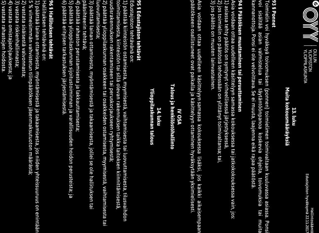 O \\V/A\Vll OULUN Q Yli Yli YLIOPISTON III III YLIOPPILASKUNTA 13. Luku Muita kokousmääräyksiä.. Hallintosaanto Edustajiston hyväksyma 22.11.