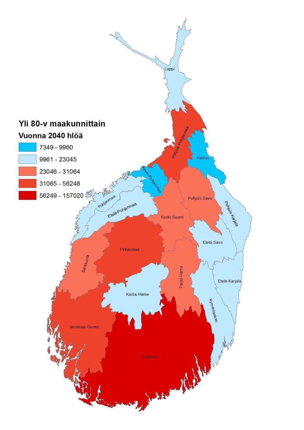 YLI 80-VUOTIAIDEN MÄÄRÄ JA OSUUS MAAKUNNITTAIN VÄESTÖENNUSTEEN MUKAAN VUONNA 2040 FAKTALAATIKKO Vuonna 2016 koko maassa oli yhteensä noin 288000 yli