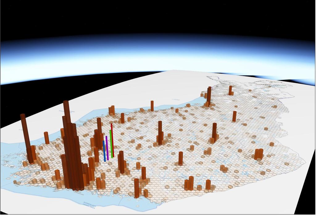3D KARTTA VÄKILUVUSTA KENNOITTAIN VUONNA 2016 FAKTALAATIKKO 3D -kartan pylväät on muodostettu 50 neliökilometrin heksagoneista.