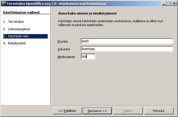 Lopuksi avautuu näyttö OpenOffice.org -ohjelmiston rekisteröinti.
