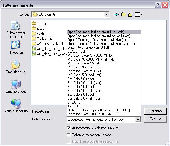 xlt) StarCalc (*.sdc ja *.vor) Data Interchange Format (*.dif) dbase (*.dbf) Pocket Excel (*.pxl) Teksti CSV (*.csv) HTML (*.