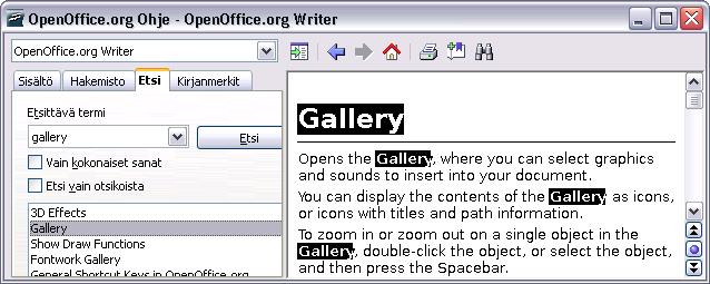 - 18 si pääsee hakemaan ohjeita hakusanojen avulla. Huom: toistaiseksi OpenOfficen ohjetekstit ovat englanninkielisiä.