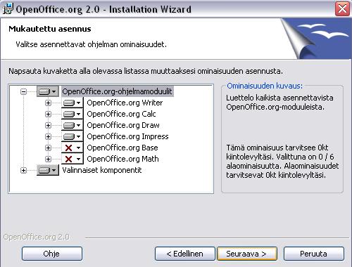 (4) Avautuu näyttö "Tiedostotyyppi". Tällä näytöllä valitaan tiedostotyypit, jotka avataan automaattisesti OpenOffice.org 2.