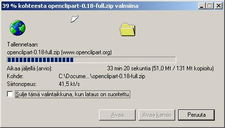 - 77 - Lataamisen jälkeen on vuorossa pakatun ZIP-tiedoston aukipurkaminen. Esimerkkitapauksessa ZIP-tiedosto on Windows-työpöydällä nimellä openclipart-0.18-full.zip.
