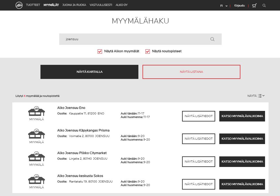 tarkistaa Myymälät-välilehdeltä joko kartalla tai