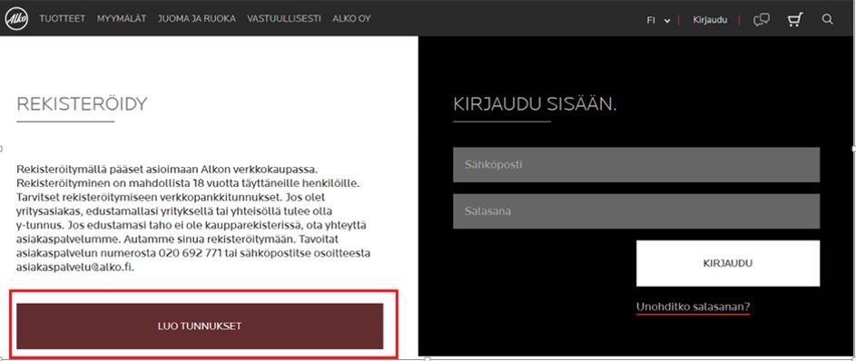 5 Näin rekisteröidyt Mene osoitteeseen alko.fi 1. Valitse Kirjaudu yläpalkista. 2. Paina Luo tunnukset -palkkia. 3. Valitse oma pankkisi klikkaamalla pankin logoa.