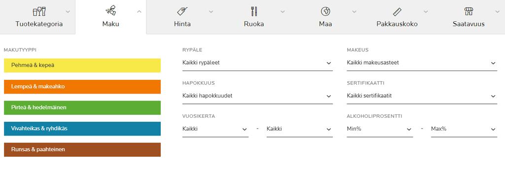 Maku-valikko aktivoituu, kun olet valinnut tuoteryhmän. Täältä löydät mm.