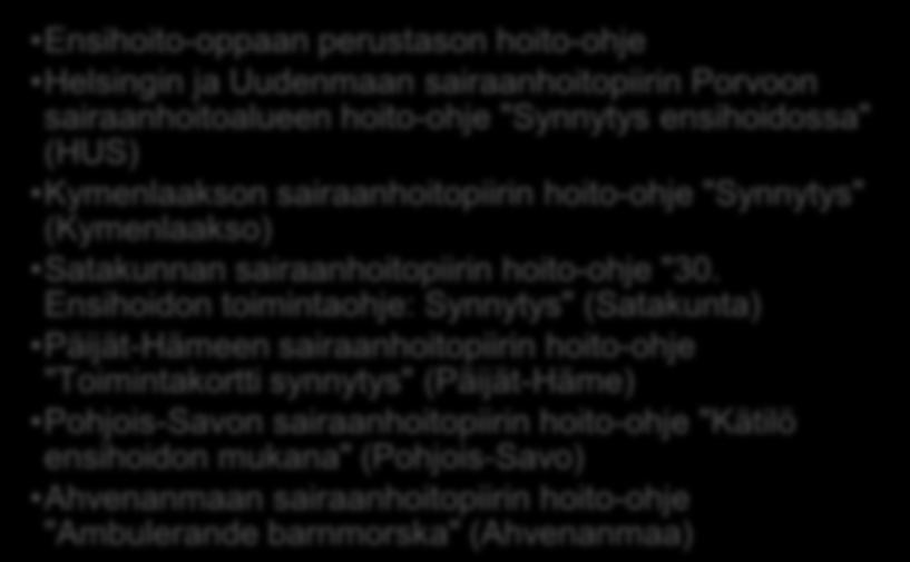 Ensihoidon toimintaohje: Synnytys" (Satakunta) Päijät-Hämeen sairaanhoitopiirin hoito-ohje "Toimintakortti synnytys" (Päijät-Häme) Pohjois-Savon sairaanhoitopiirin hoito-ohje "Kätilö ensihoidon