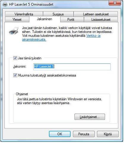 Kuva 6.9: Windows Vista, tulostimen jakaminen Tulostusjono Tulostusjono näyttää tulostinkohtaisesti tulostumassa olevat tai tulostumista odottavat tiedostot.