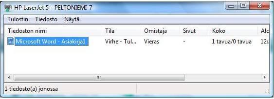 Mikäli tulostus ei ole käynnissä tulostusjonon näet ohjauspaneelista kaksoisnapsauttamalla Tulostimen kuvaketta. Tulostusjono näyttää mm.