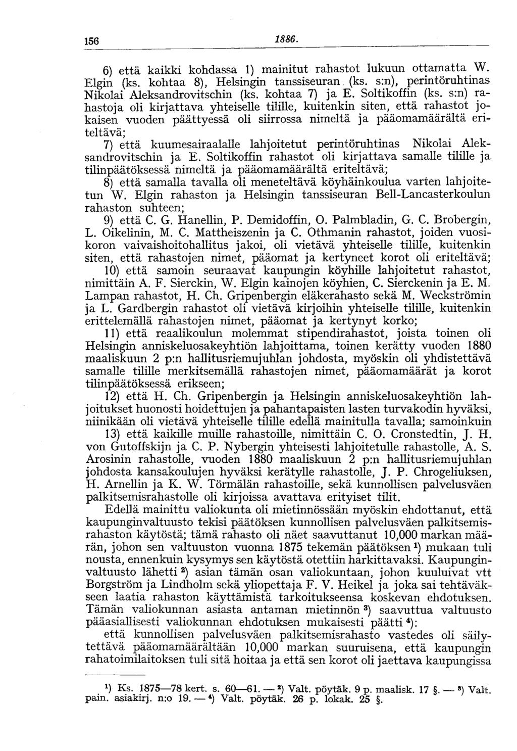 156 1886. 6) että kaikki kohdassa 1) mainitut rahastot lukuun ottamatta W. Elgin (ks. kohtaa 8), Helsingin tanssiseuran (ks. s:n), perintöruhtinas Nikolai Aleksandrovitschin (ks. kohtaa 7) ja E.